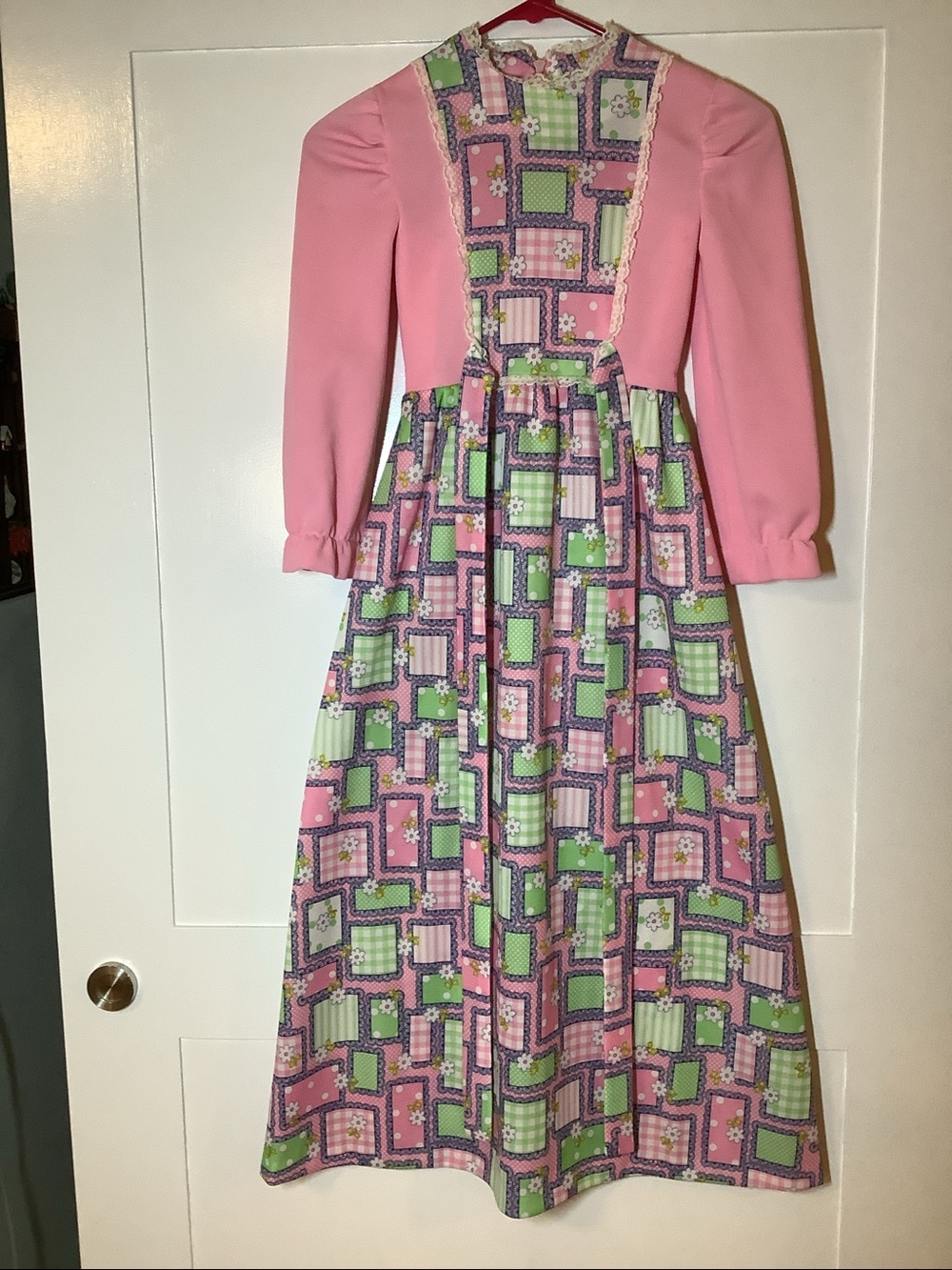 70’s VTG Prairie Girl Dress Brady Bunch Party Inverted Lace Trim Bib